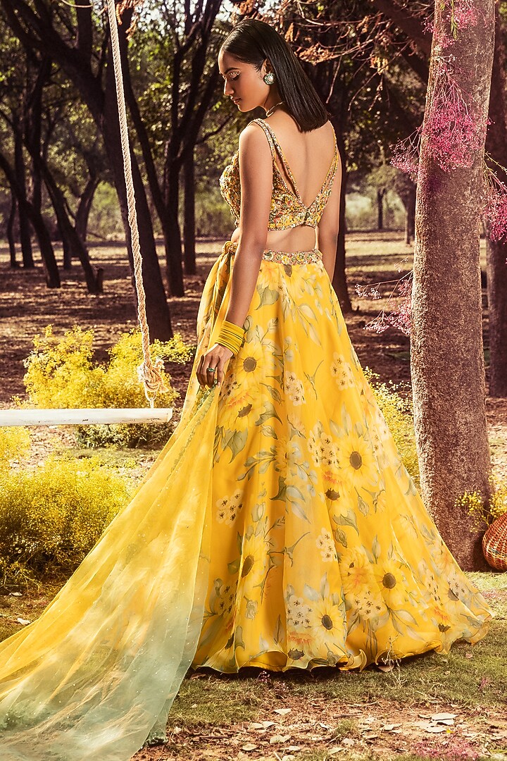 Yellow Organza Floral Printed Wedding Lehenga Set by NITIKA GUJRAL at Pernia's Pop Up Shop