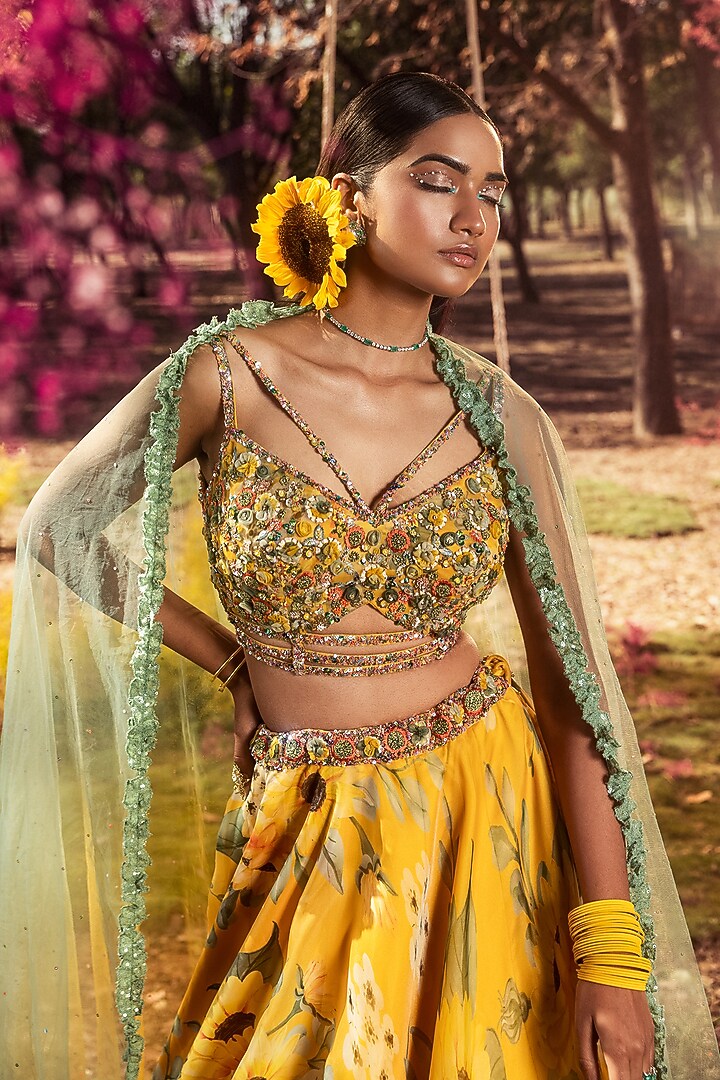 Yellow Organza Floral Printed Wedding Lehenga Set by NITIKA GUJRAL at Pernia's Pop Up Shop