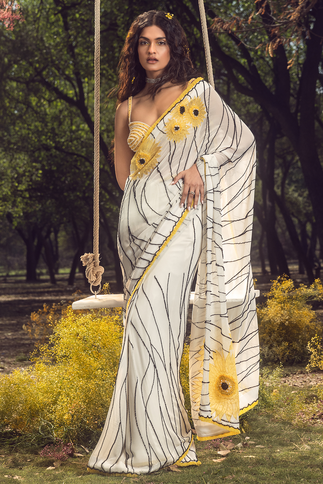 Off-White Georgette Cutdana Embroidered Wedding Saree Set by NITIKA GUJRAL at Pernia's Pop Up Shop