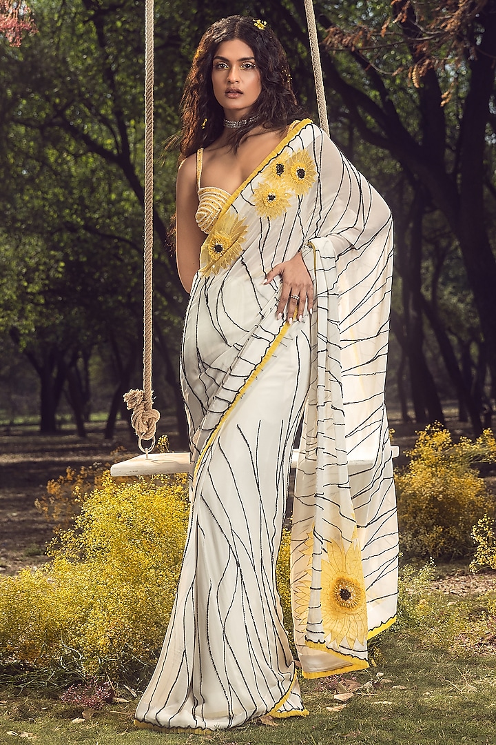 Off-White Georgette Cutdana Embroidered Wedding Saree Set by NITIKA GUJRAL at Pernia's Pop Up Shop