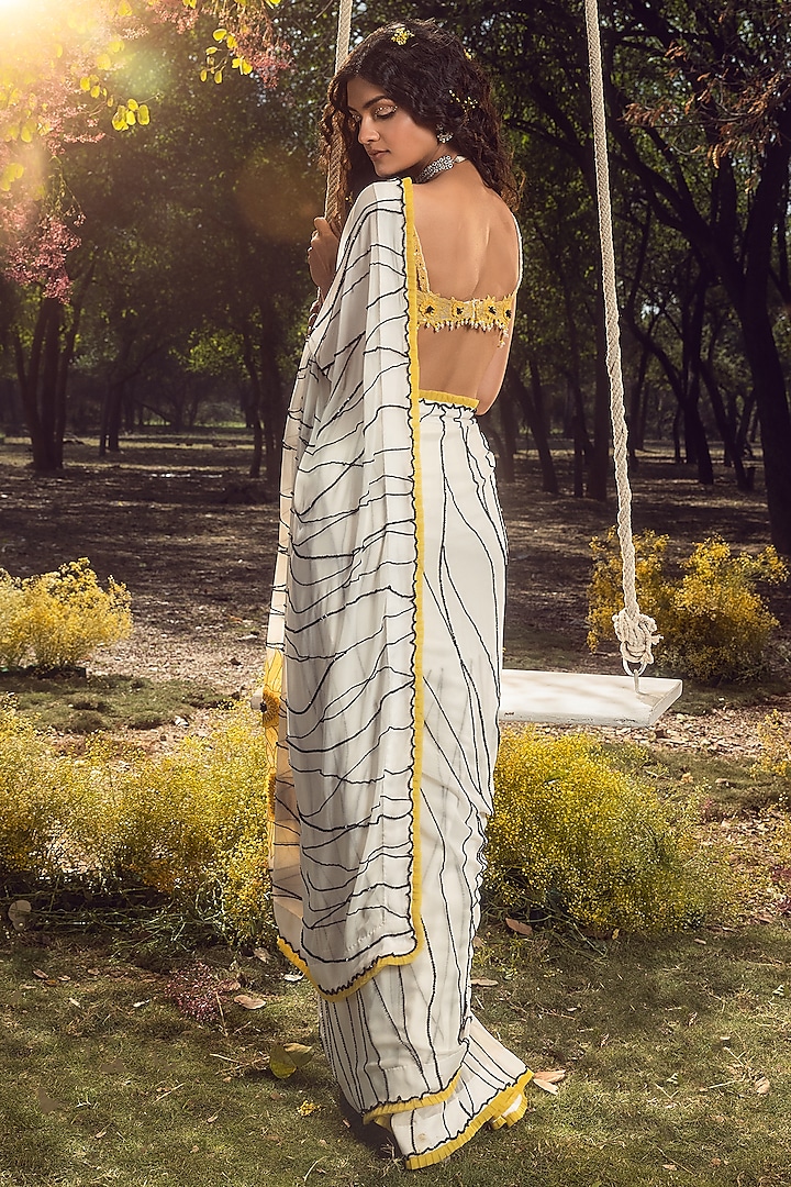 Off-White Georgette Cutdana Embroidered Wedding Saree Set by NITIKA GUJRAL at Pernia's Pop Up Shop