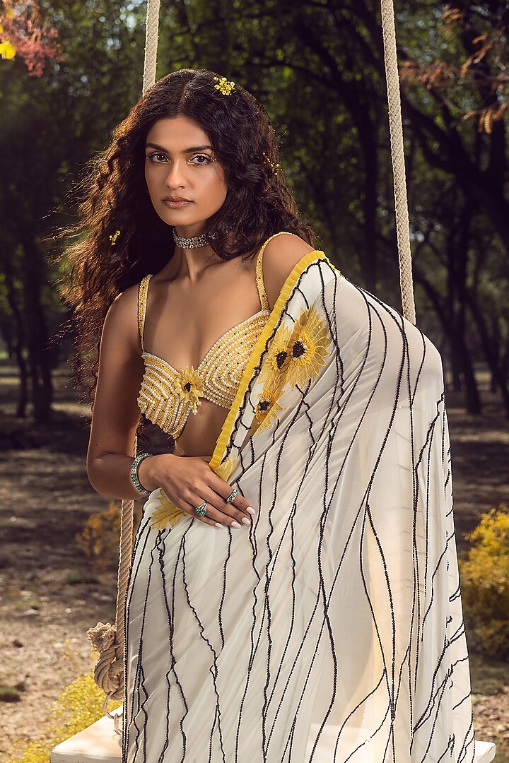 Off-White Georgette Cutdana Embroidered Wedding Saree Set by NITIKA GUJRAL at Pernia's Pop Up Shop