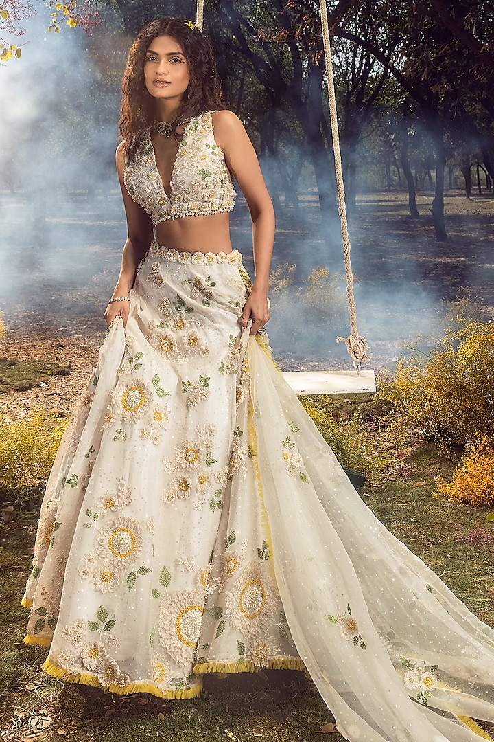 Off White Organza Floral Embroidered Bridal Lehenga Set By Nitika