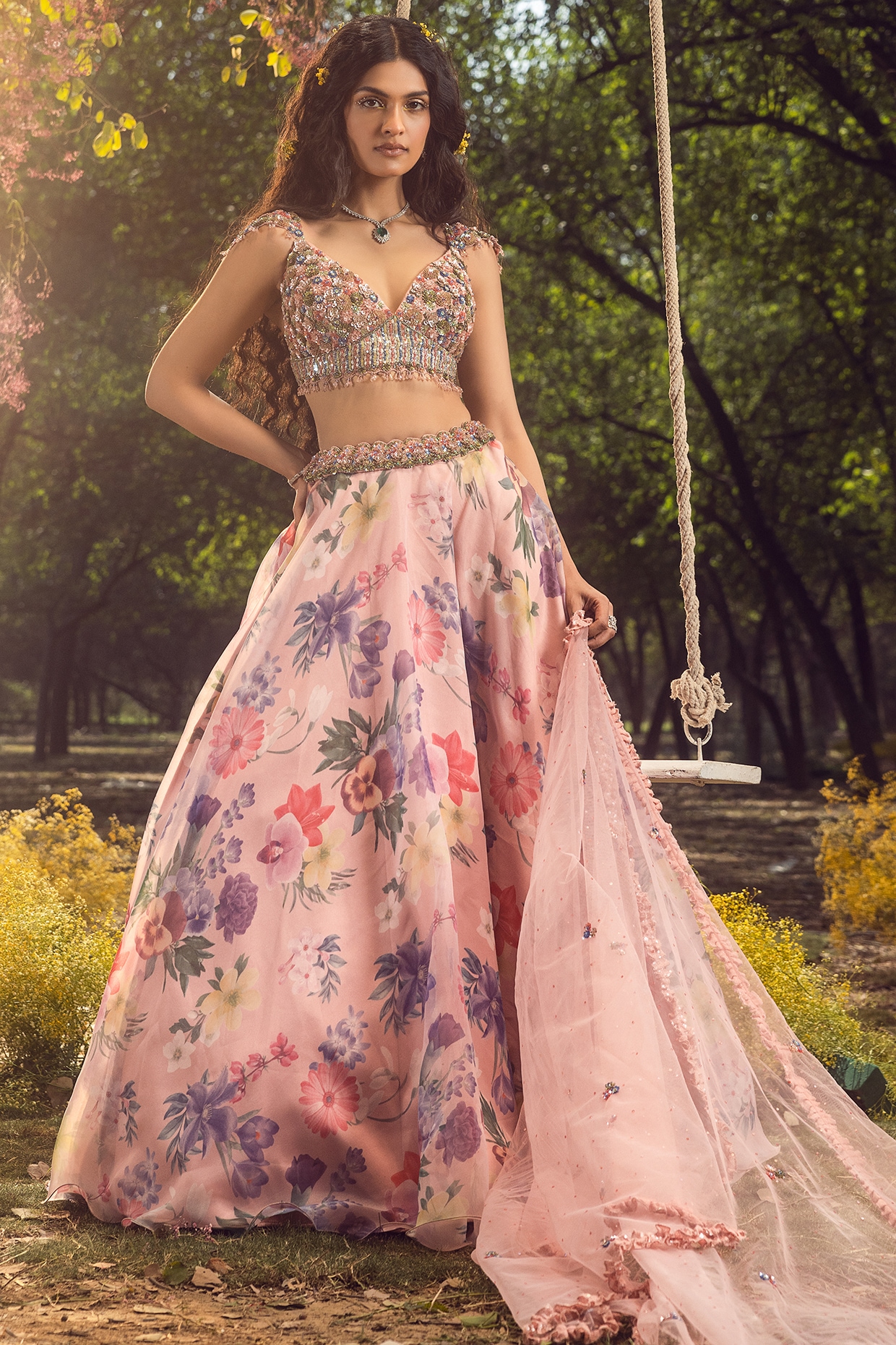 Buy Beige Crepe Silk Lehenga Choli with Embroidered, Floral Patch and  Mirror Work Online : 282531 -