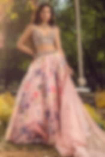 Rose Pink Organza Floral Printed Wedding Lehenga Set by NITIKA GUJRAL at Pernia's Pop Up Shop