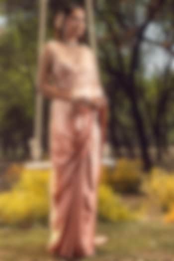 Salmon Satin Embroidered Wedding Saree Set by NITIKA GUJRAL at Pernia's Pop Up Shop