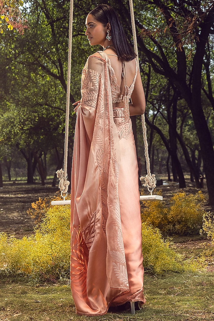Salmon Satin Embroidered Reception Saree Set by NITIKA GUJRAL at Pernia's Pop Up Shop