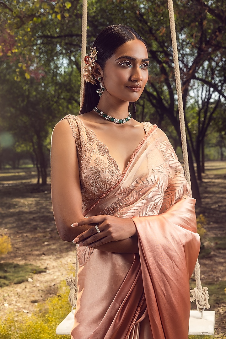 Salmon Satin Embroidered Reception Saree Set by NITIKA GUJRAL at Pernia's Pop Up Shop