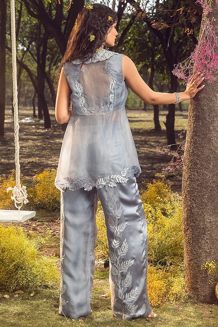 Blue Grey Organza Applique Embroidered Jacket Set by NITIKA GUJRAL at Pernia's Pop Up Shop