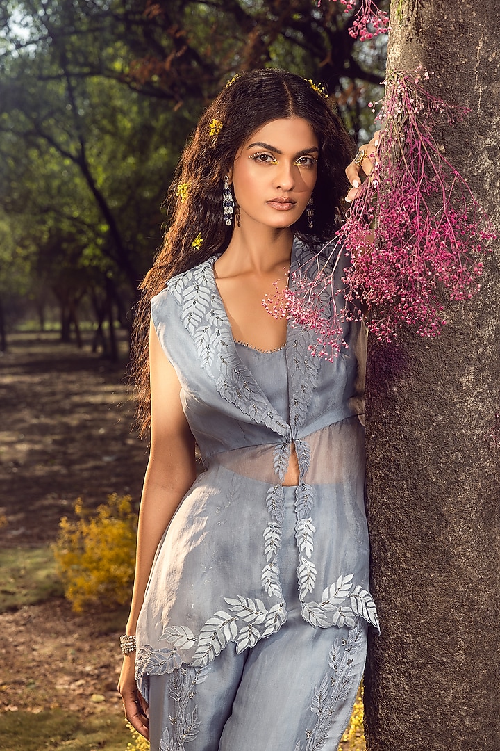 Blue Grey Organza Applique Embroidered Jacket Set by NITIKA GUJRAL at Pernia's Pop Up Shop