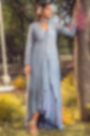 Ink Blue Organza Beads Embroidered Jacket Set by NITIKA GUJRAL at Pernia's Pop Up Shop