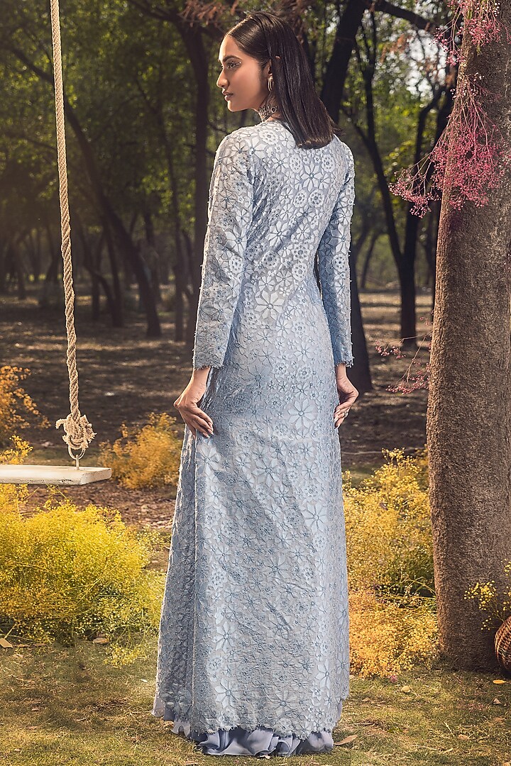 Ink Blue Organza Beads Embroidered Jacket Set by NITIKA GUJRAL at Pernia's Pop Up Shop