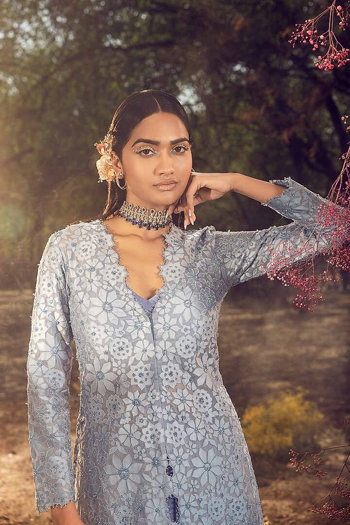 Ink Blue Organza Beads Embroidered Jacket Set by NITIKA GUJRAL at Pernia's Pop Up Shop