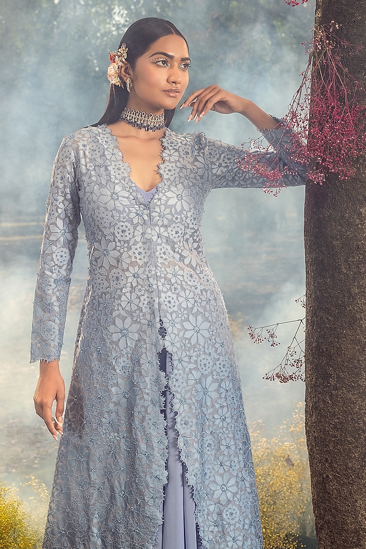 Ink Blue Organza Beads Embroidered Jacket Set by NITIKA GUJRAL at Pernia's Pop Up Shop
