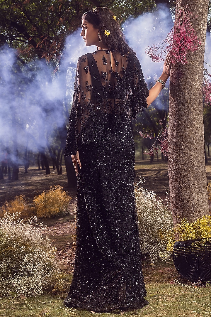 Black Soft Net Sequins Embroidered Cape Set by NITIKA GUJRAL at Pernia's Pop Up Shop