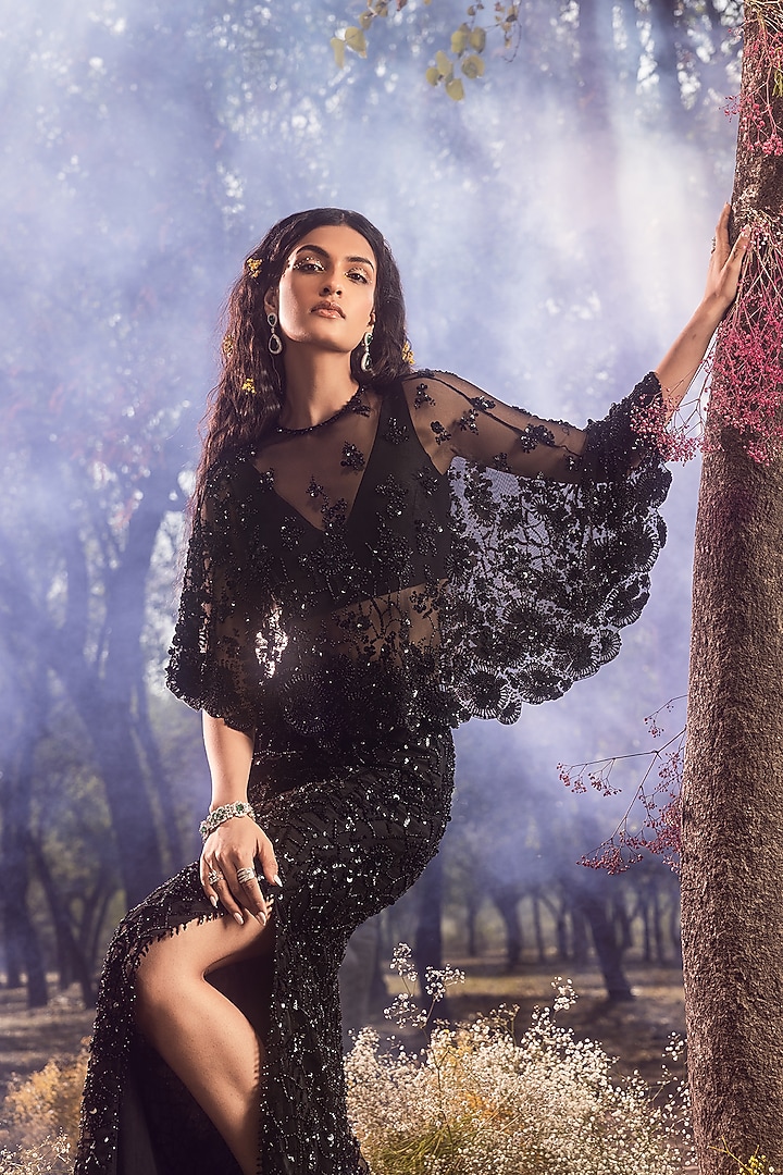 Black Soft Net Sequins Embroidered Cape Set by NITIKA GUJRAL at Pernia's Pop Up Shop