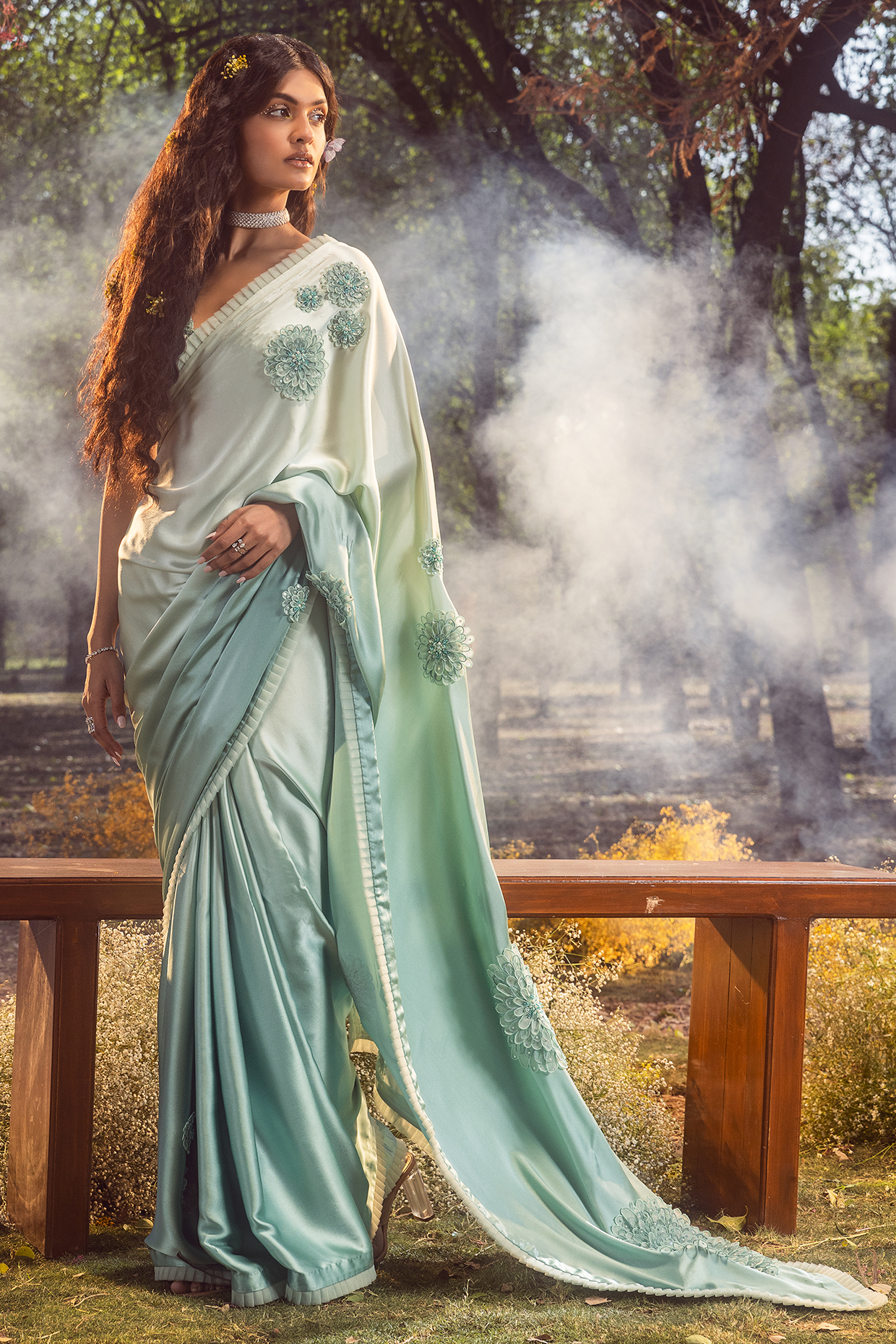 Aqua Blue Satin Embroidered Saree Set by NITIKA GUJRAL