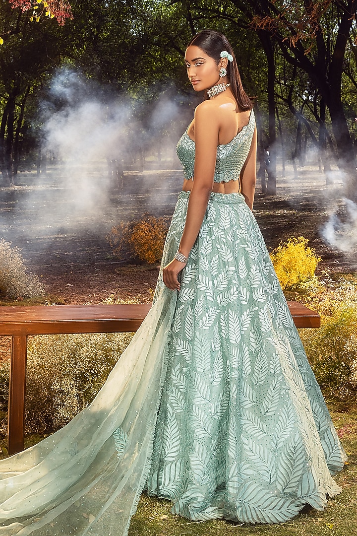 Jade Green Organza Beads Embroidered Wedding Lehenga Set by NITIKA GUJRAL at Pernia's Pop Up Shop