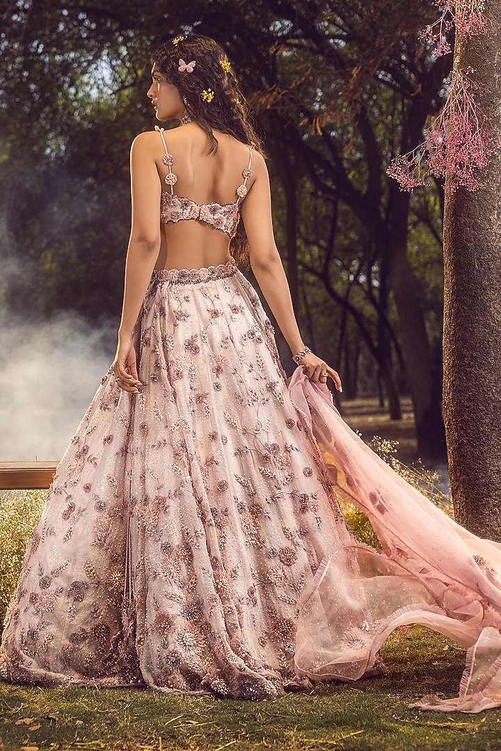 Lilac Organza 3D Floral Embroidered Bridal Lehenga Set by NITIKA GUJRAL at Pernia's Pop Up Shop