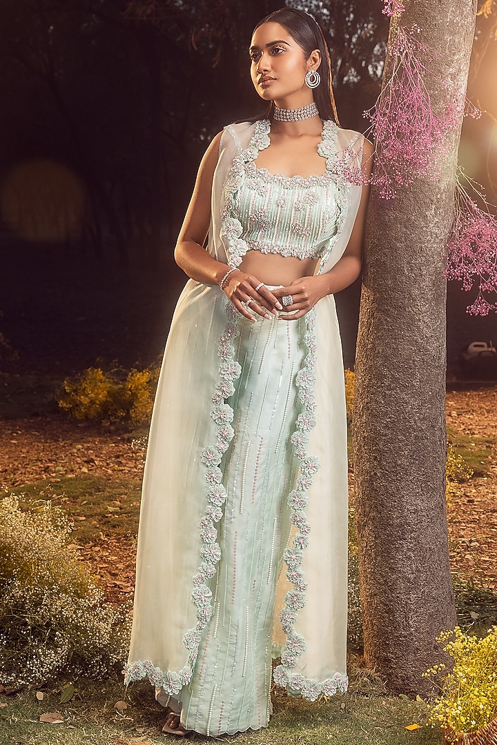 Mint Green Pure Organza Beads Embroidered Jacket Set by NITIKA GUJRAL at Pernia's Pop Up Shop