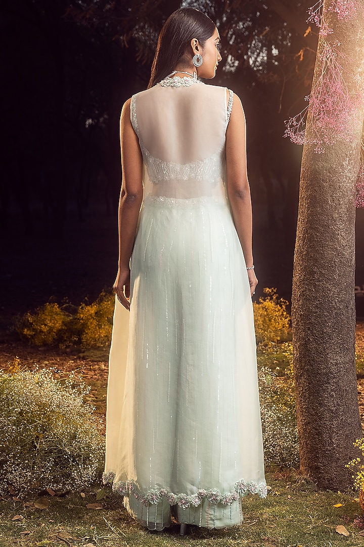 Mint Green Pure Organza Beads Embroidered Jacket Set by NITIKA GUJRAL at Pernia's Pop Up Shop