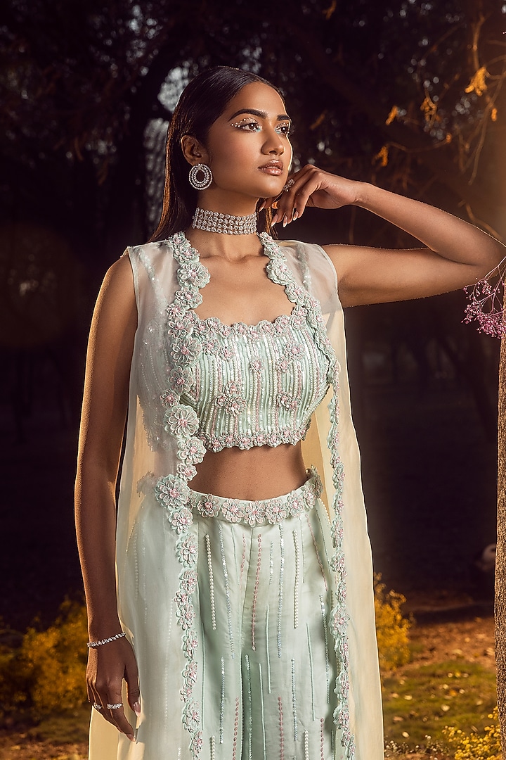 Mint Green Pure Organza Beads Embroidered Jacket Set by NITIKA GUJRAL at Pernia's Pop Up Shop