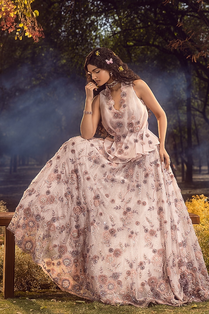 Lilac Pure Organza 3D Floral Embroidered Jacket Bridal Lehenga Set by NITIKA GUJRAL at Pernia's Pop Up Shop