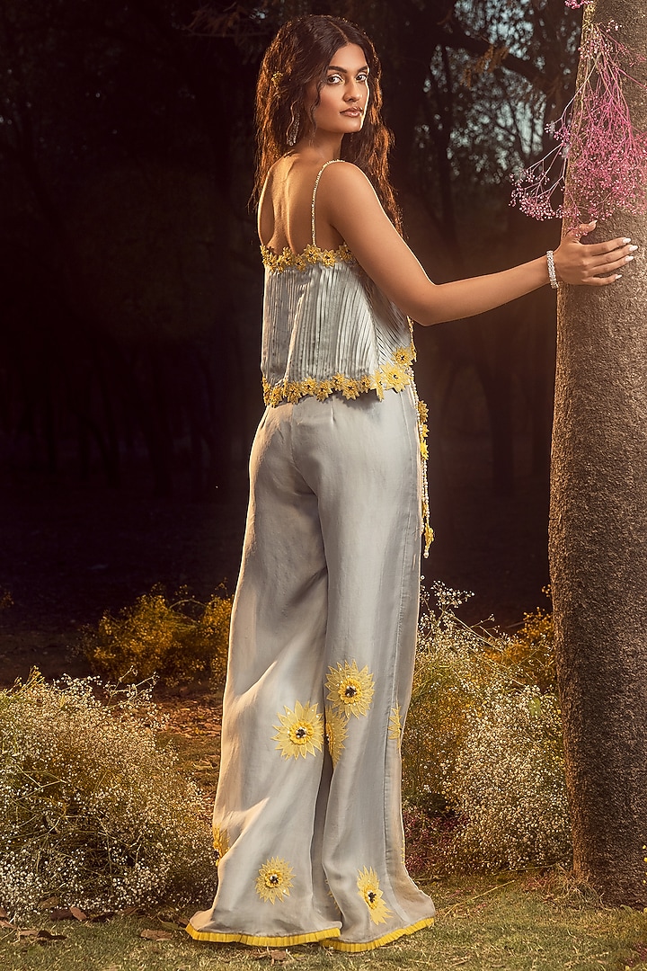 Blue Grey Satin 3D Floral Embroidered Co-Ord Set by NITIKA GUJRAL at Pernia's Pop Up Shop