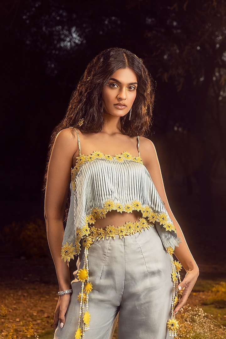 Blue Grey Satin 3D Floral Embroidered Co-Ord Set by NITIKA GUJRAL at Pernia's Pop Up Shop