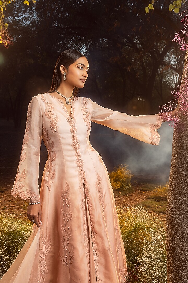 Tea Rose Pure Organza Tonal Beads Embroidered Jacket Set by NITIKA GUJRAL at Pernia's Pop Up Shop