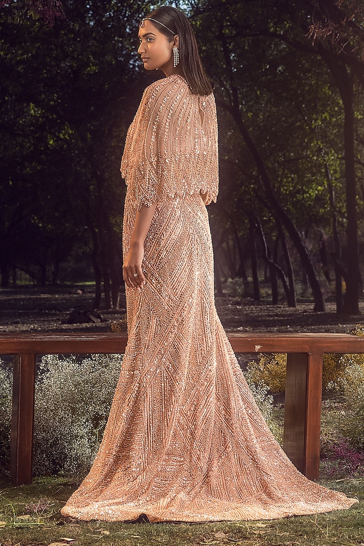 Peach Soft Net Crystal Embroidered Cape Set by NITIKA GUJRAL at Pernia's Pop Up Shop