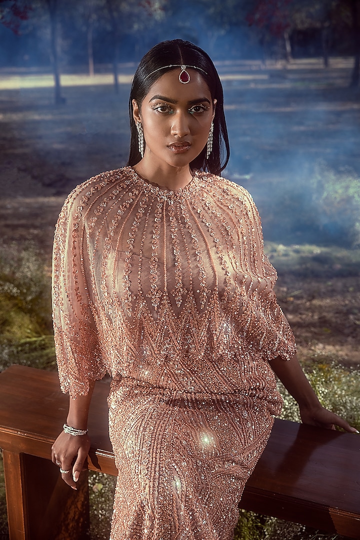 Peach Soft Net Crystal Embroidered Cape Set by NITIKA GUJRAL at Pernia's Pop Up Shop