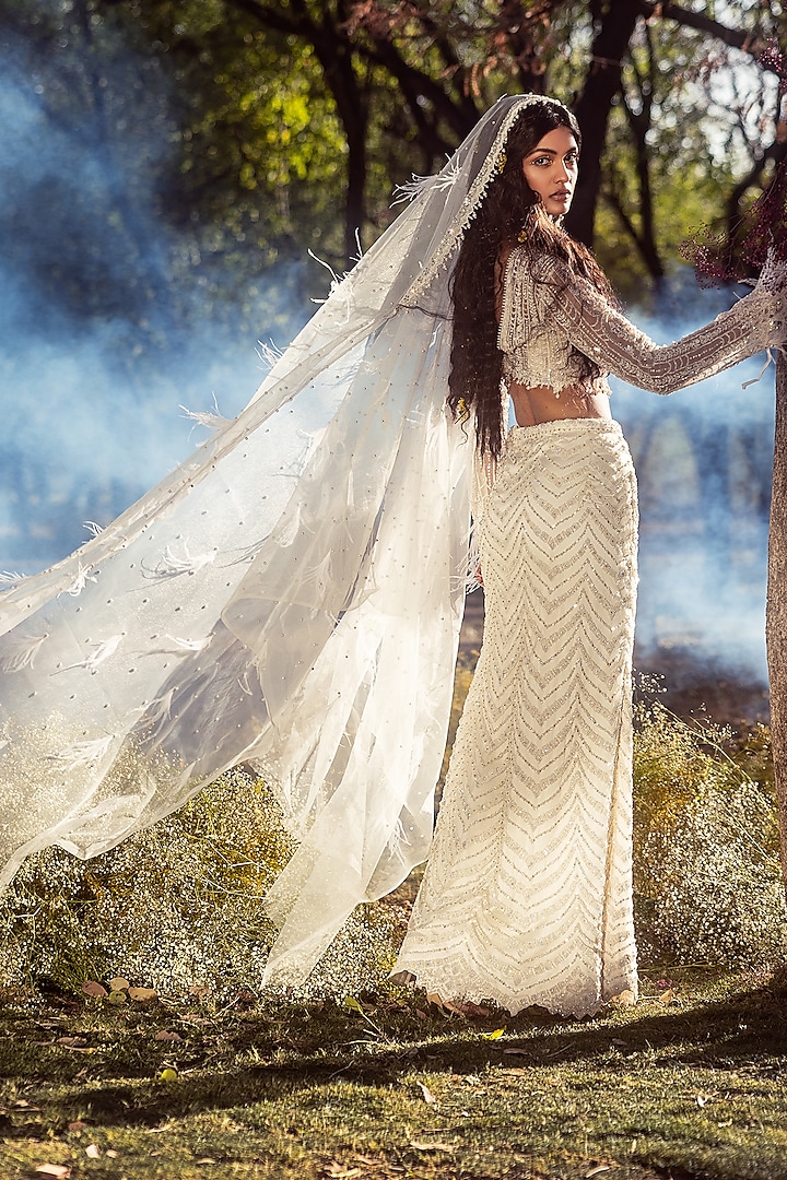 Ivory Net Crystal Embroidered Skirt Set by NITIKA GUJRAL at Pernia's Pop Up Shop