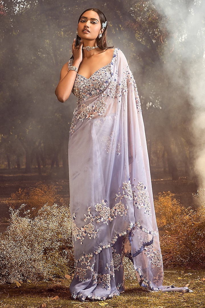 Ink Blue Pure Organza Embroidered Saree Set by NITIKA GUJRAL