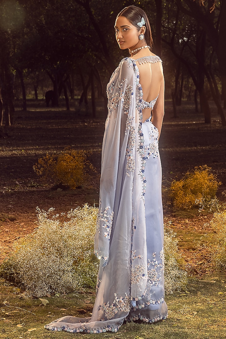 Ink Blue Pure Organza Sequins Embroidered Reception Saree Set by NITIKA GUJRAL at Pernia's Pop Up Shop