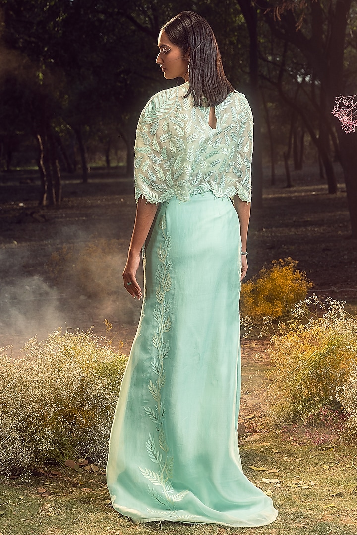 Aqua Blue Pure Organza Applique Embroidered Cape Set by NITIKA GUJRAL at Pernia's Pop Up Shop