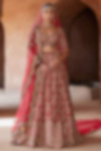 Blood Red Raw Silk Sequins Embroidered Bridal Lehenga Set by NITIKA GUJRAL at Pernia's Pop Up Shop
