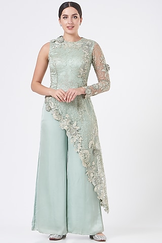 Mint Green Satin Jumpsuit With Jacket by NITIKA GUJRAL