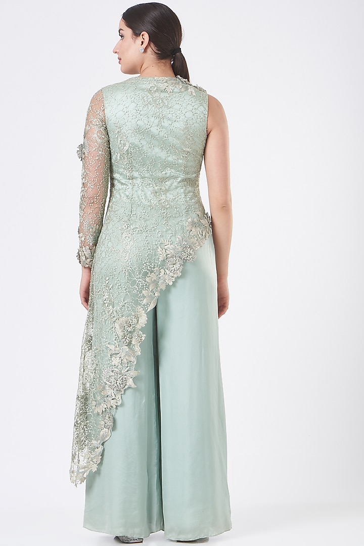 Mint Green Satin Jumpsuit With Jacket by NITIKA GUJRAL at Pernia's Pop Up Shop