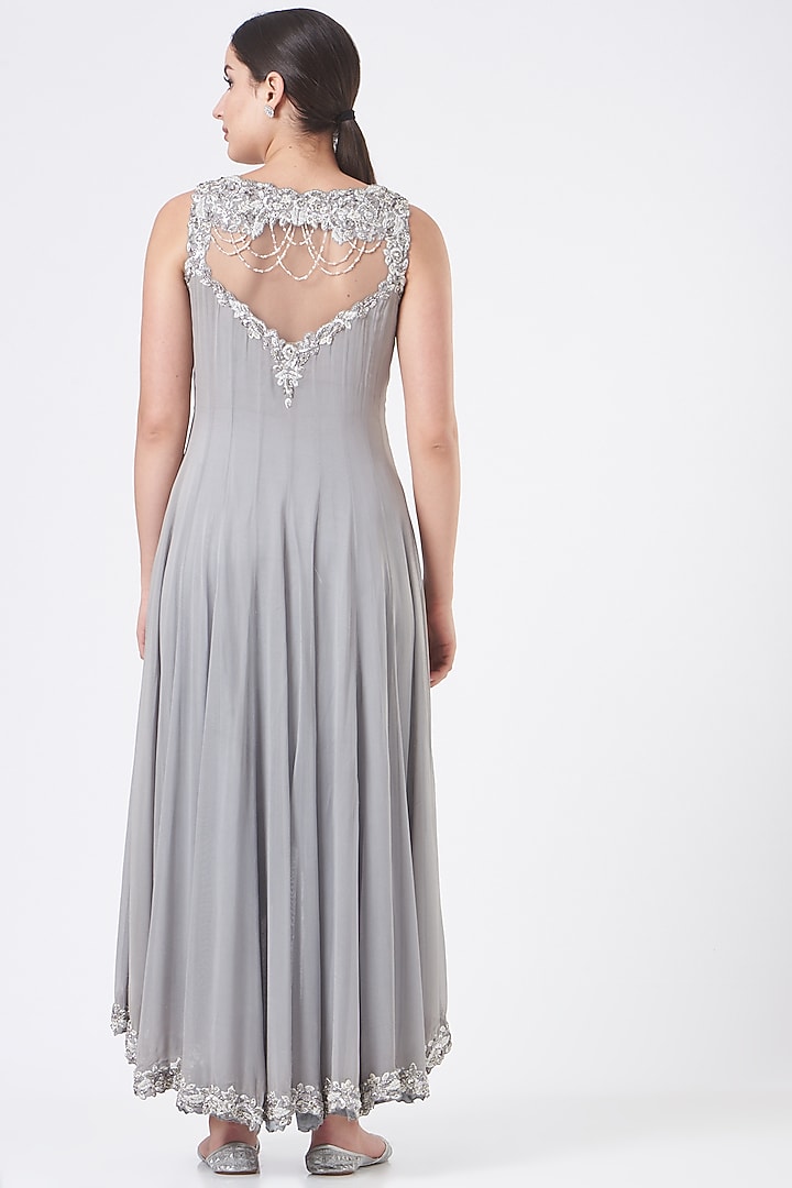 Grey Georgette Embroidered Kalidar Jacket Set by NITIKA GUJRAL at Pernia's Pop Up Shop