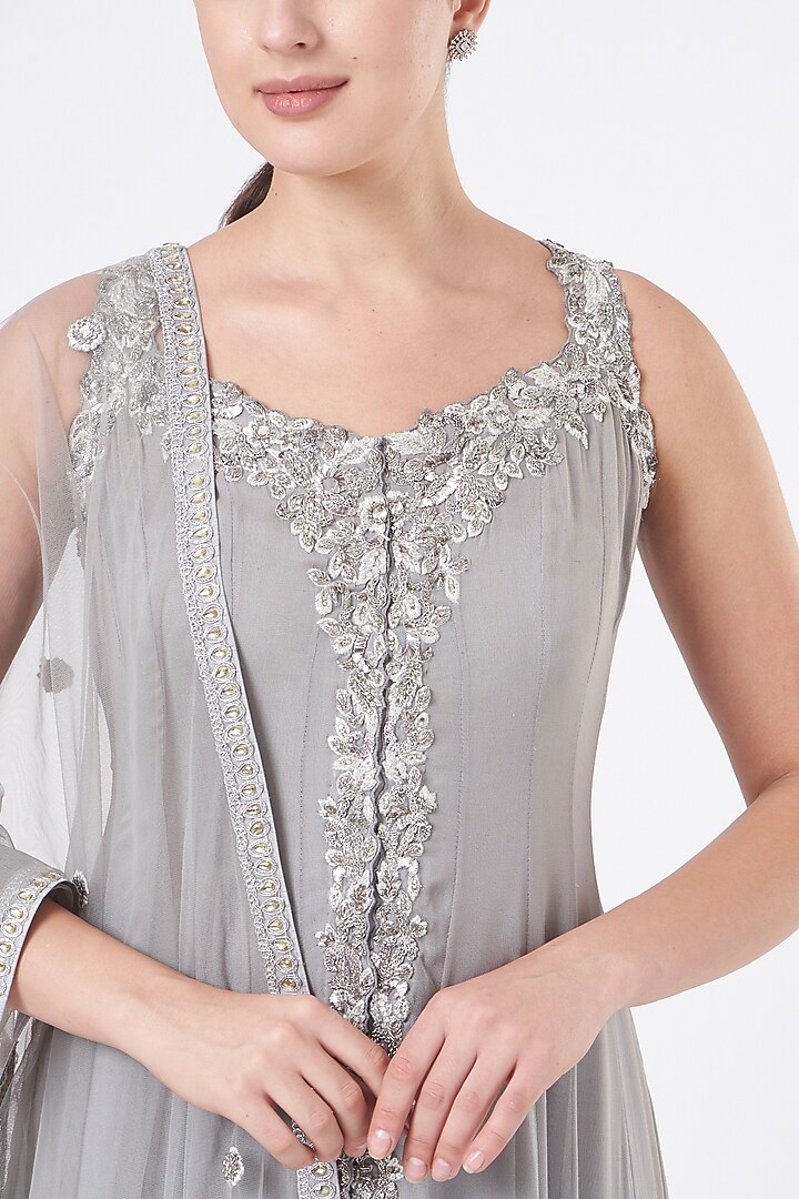 Grey Georgette Embroidered Kalidar Jacket Set by NITIKA GUJRAL at Pernia's Pop Up Shop