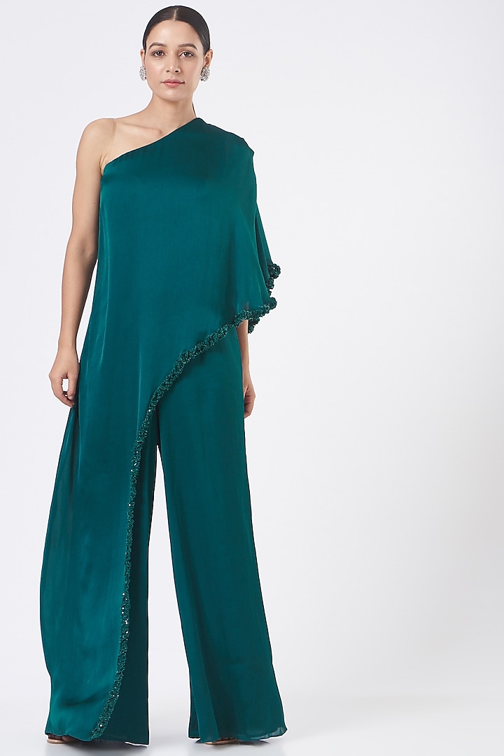 Cobalt Blue Satin Jumpsuit With Cape by NITIKA GUJRAL