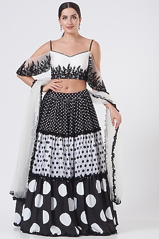 Black & White Georgette Polka Printed Lehenga Set by NITIKA GUJRAL