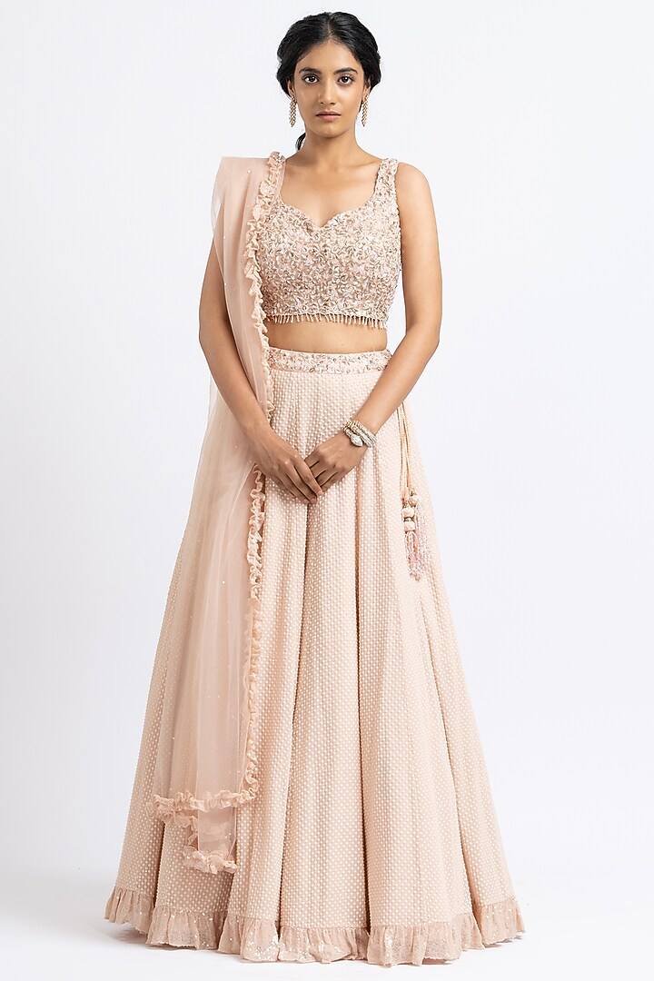 Blush Pink Georgette Resham Embroidered Wedding Lehenga Set by NITIKA GUJRAL at Pernia's Pop Up Shop