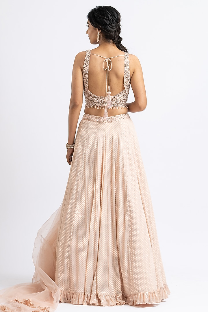 Blush Pink Georgette Resham Embroidered Wedding Lehenga Set by NITIKA GUJRAL at Pernia's Pop Up Shop