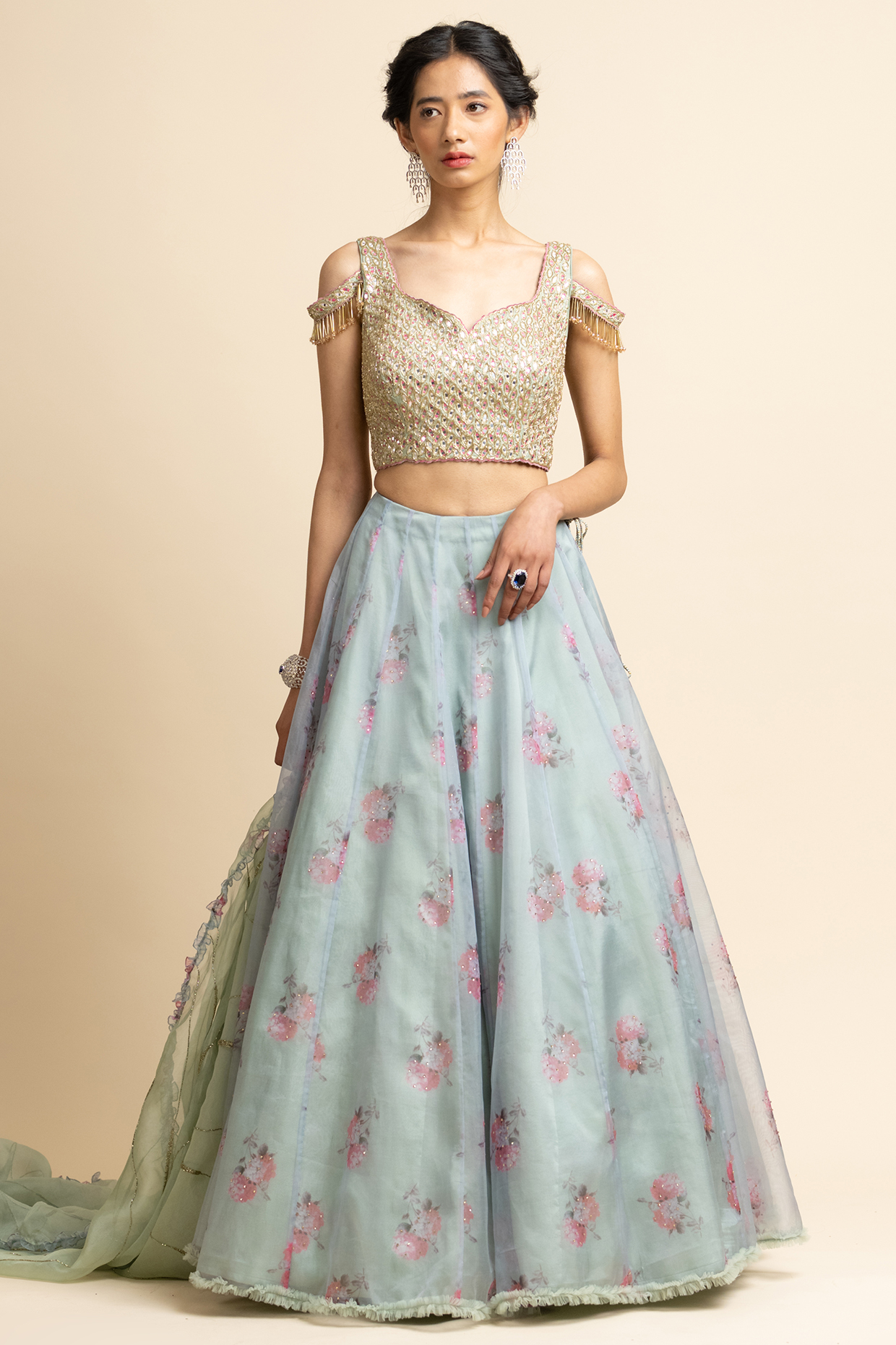 Jade Green Organza Printed Wedding Lehenga Set by NITIKA GUJRAL at Pernia's Pop Up Shop