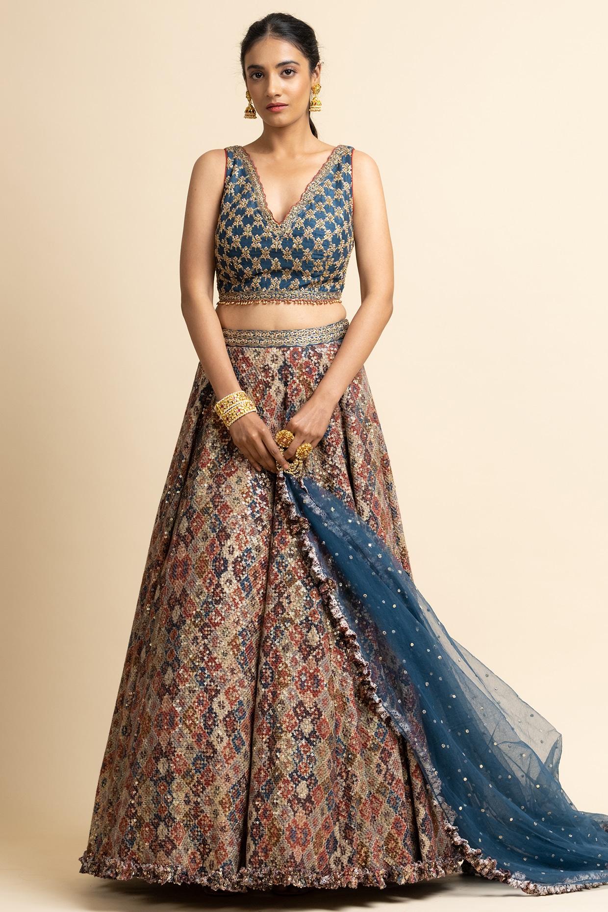 Navy Blue Multicolor Embroidery and Sequins work Crop Top Lehenga – Seasons  Chennai