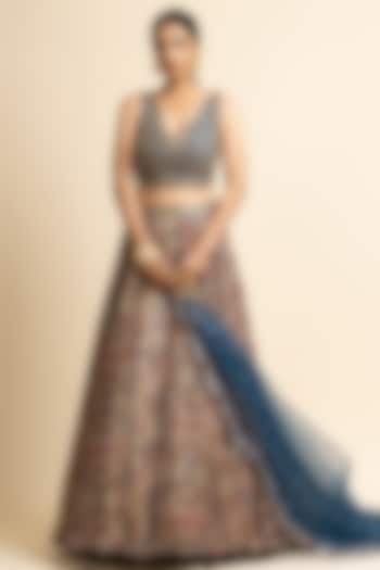 Peacock Blue Georgette Printed Wedding Lehenga Set by NITIKA GUJRAL at Pernia's Pop Up Shop
