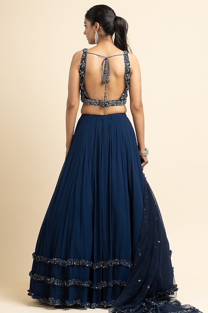 Navy Blue Georgette Wedding Lehenga Set by NITIKA GUJRAL at Pernia's Pop Up Shop