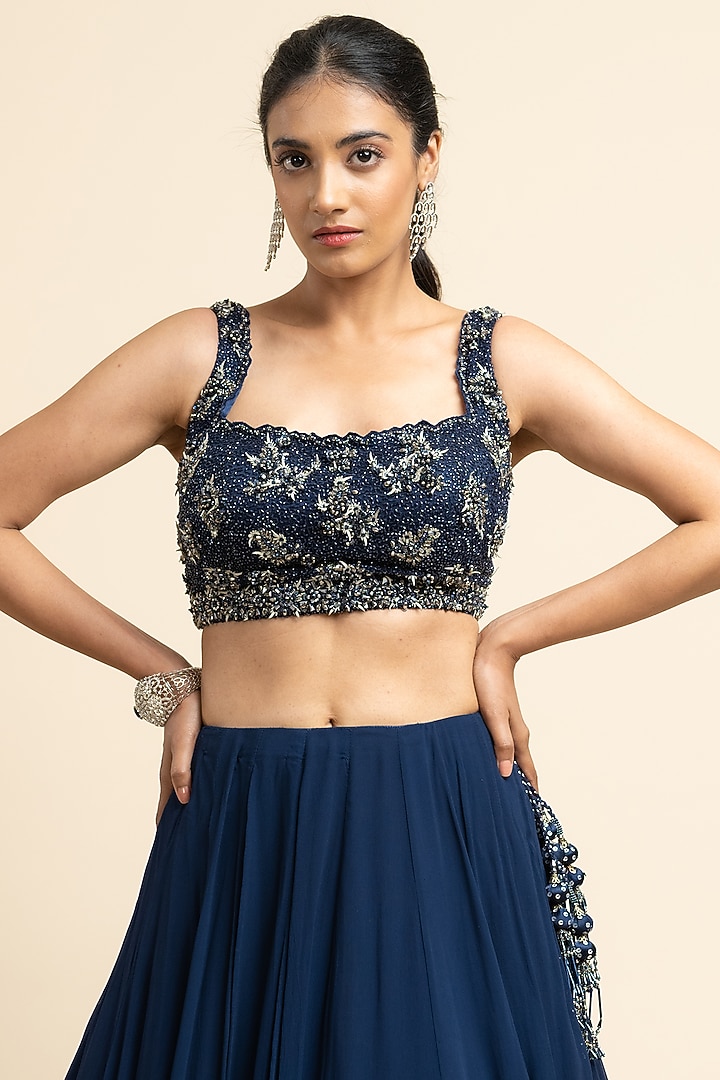 Navy Blue Georgette Wedding Lehenga Set by NITIKA GUJRAL at Pernia's Pop Up Shop